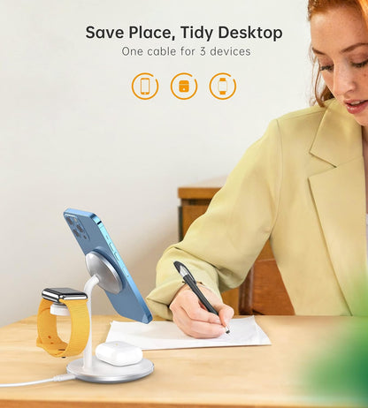 3 in 1 Wireless Charging Station for Apple Devices, 15W Fast Wireless Mag-Safe Charger Stand with 20W Adapter for Iphone 17 16 15 14 13 12 Pro Max/Air/Plus/Pro/Mini,Iwatch,Airpods (White)