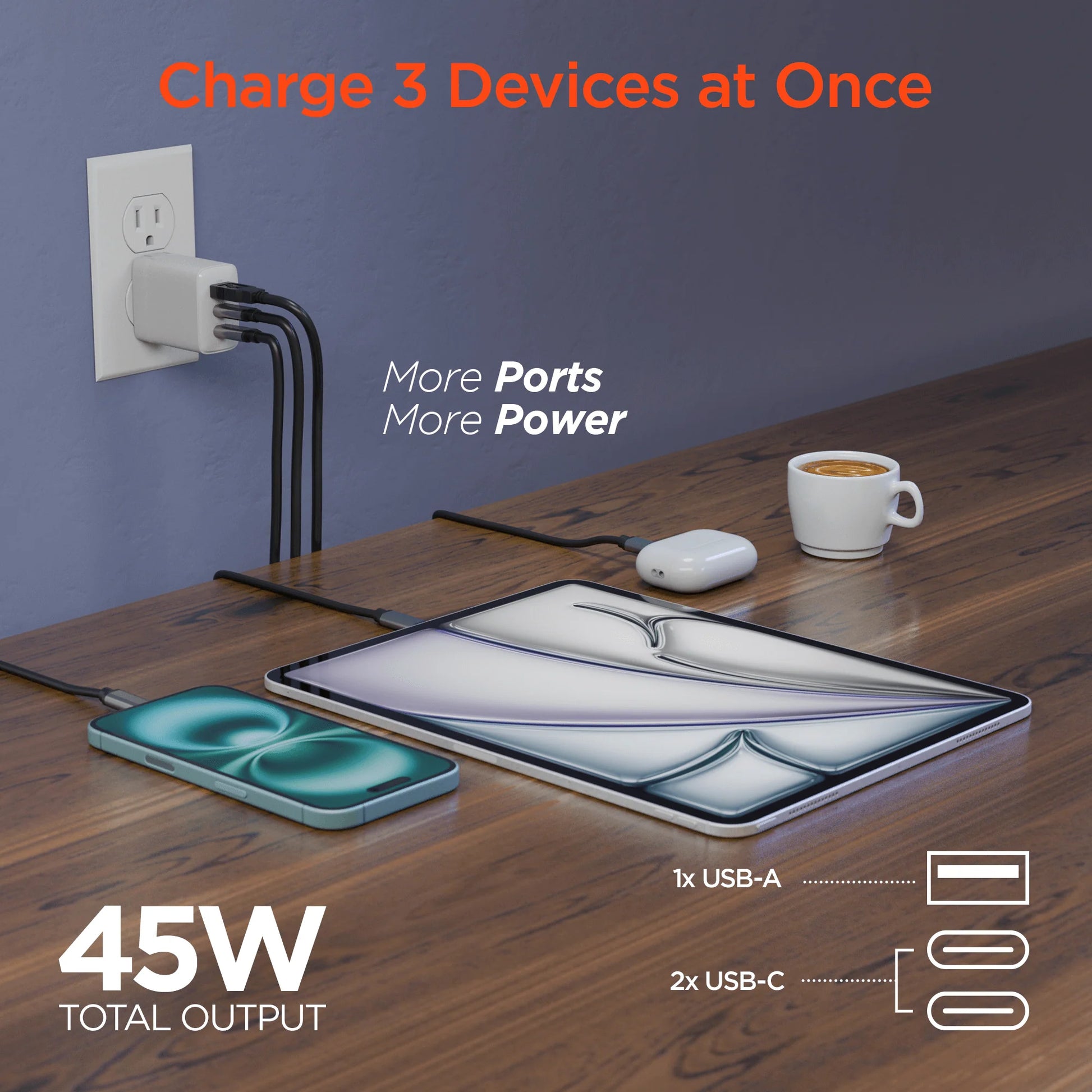 Hypergear 45W USB-C PD PPS Tri-Port Gan Fast Wall Charger