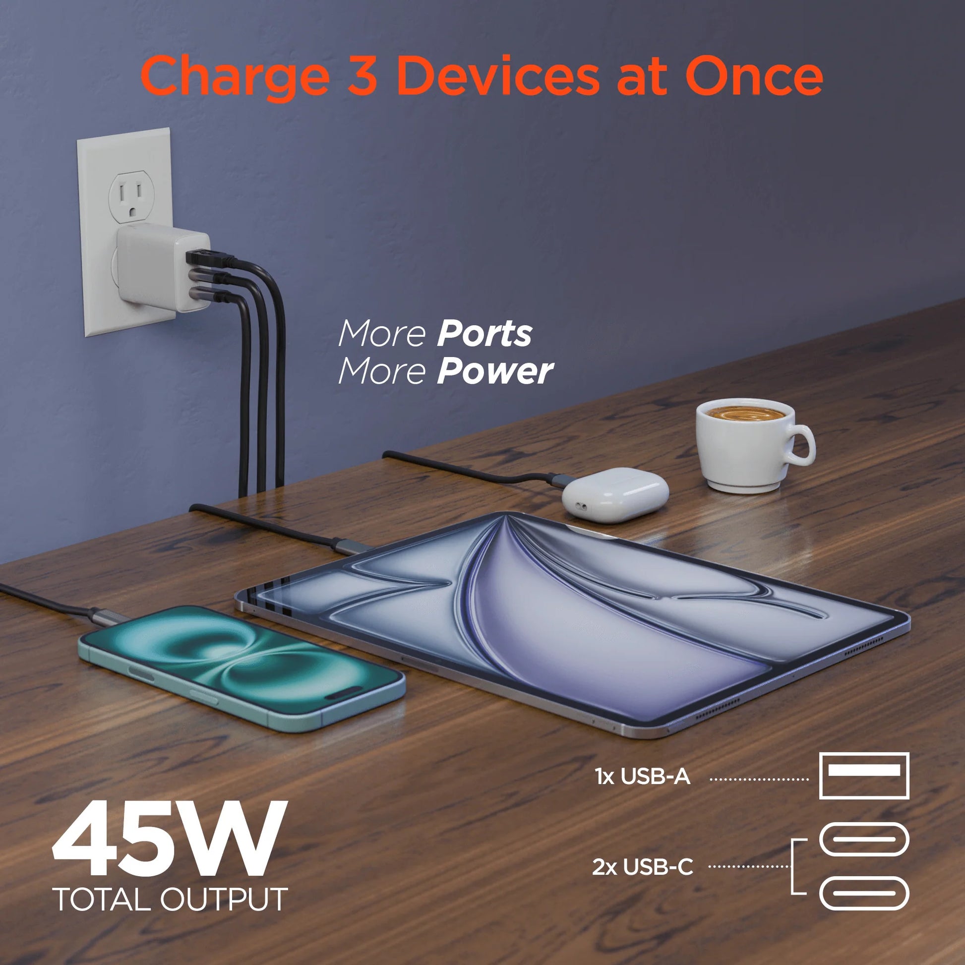 Hypergear Speedboost 45W USB-C PD Tri-Port Gan Fast Wall Charger with PPS and 6Ft USB-C Cable