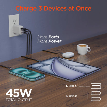 Hypergear Speedboost 45W USB-C PD Tri-Port Gan Fast Wall Charger with PPS and 6Ft USB-C Cable