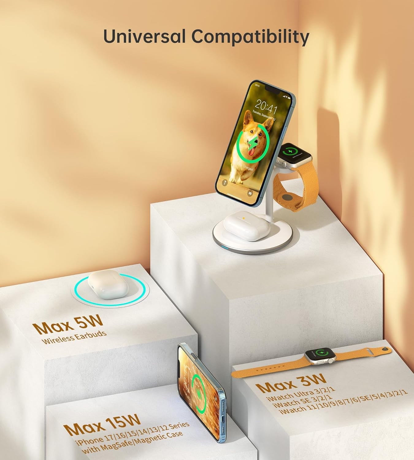 3 in 1 Wireless Charging Station for Apple Devices, 15W Fast Wireless Mag-Safe Charger Stand with 20W Adapter for Iphone 17 16 15 14 13 12 Pro Max/Air/Plus/Pro/Mini,Iwatch,Airpods (White)