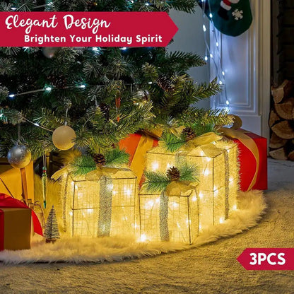 Christmas Lighted Gift Boxes, Decorations Set of 3, Light up Present Boxes, 60 LED Warm White Lights - OFW Electronics