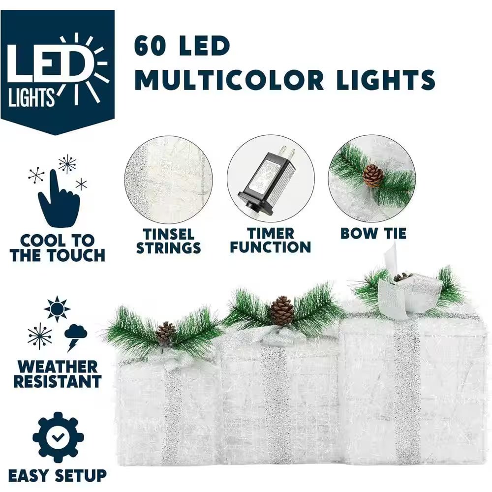 Christmas Lighted Gift Boxes, Decorations Set of 3, Light up Present Boxes, 60 LED Warm White Lights - OFW Electronics