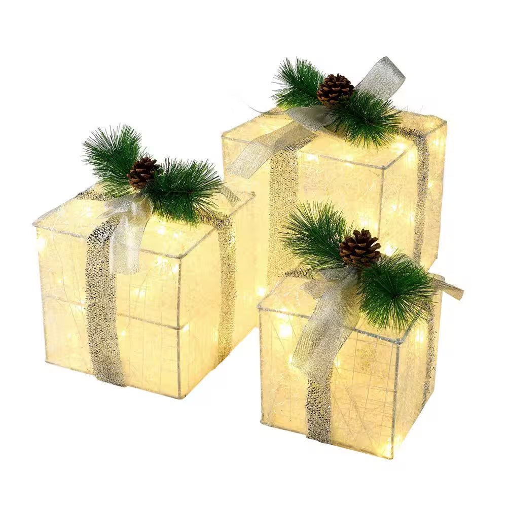 Christmas Lighted Gift Boxes, Decorations Set of 3, Light up Present Boxes, 60 LED Warm White Lights - OFW Electronics
