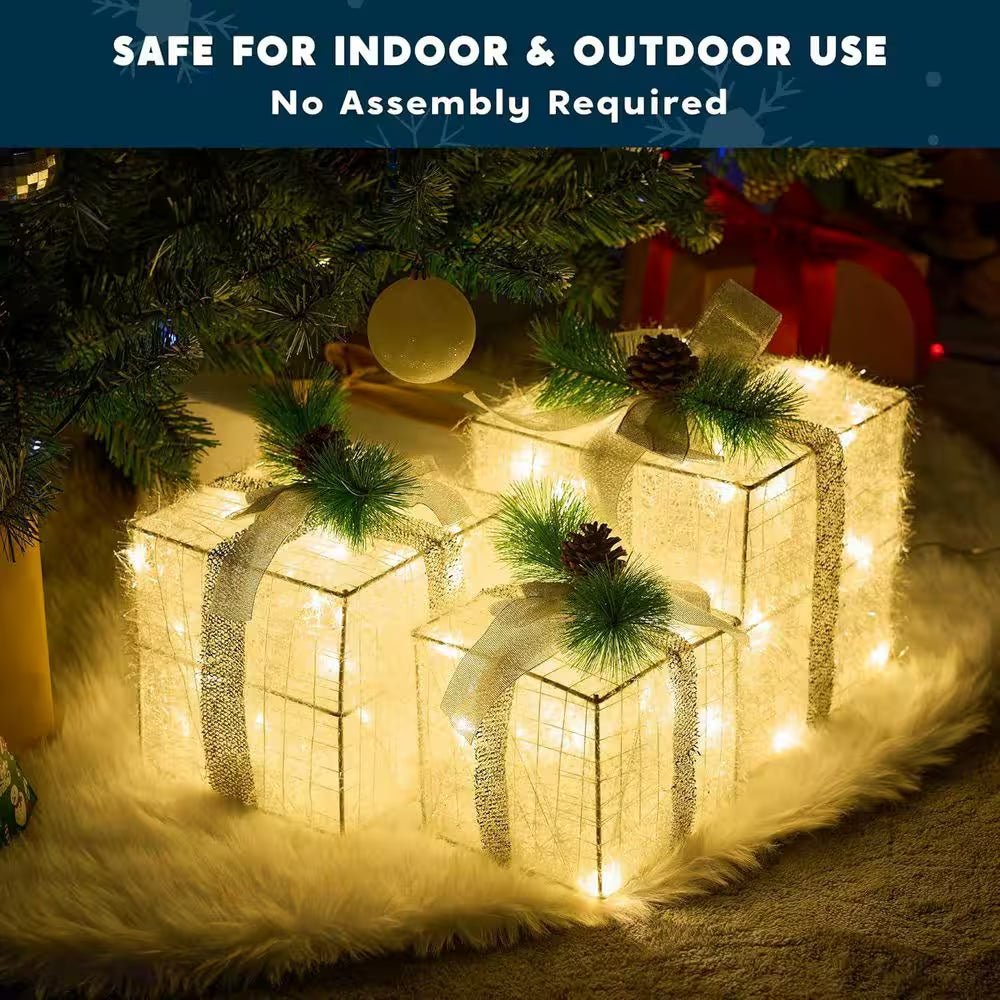 Christmas Lighted Gift Boxes, Decorations Set of 3, Light up Present Boxes, 60 LED Warm White Lights - OFW Electronics