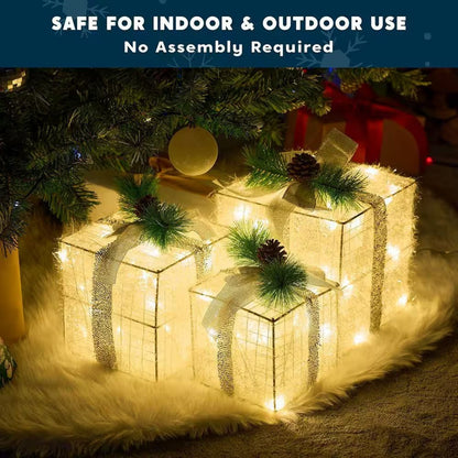 Christmas Lighted Gift Boxes, Decorations Set of 3, Light up Present Boxes, 60 LED Warm White Lights - OFW Electronics
