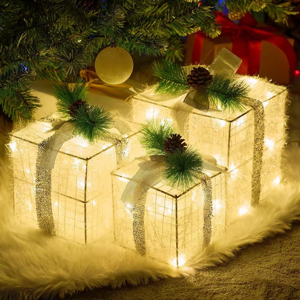 Christmas Lighted Gift Boxes, Decorations Set of 3, Light up Present Boxes, 60 LED Warm White Lights - OFW Electronics