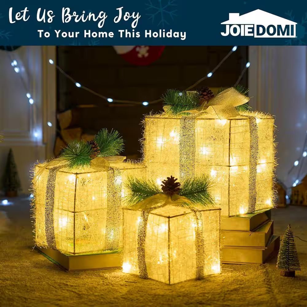 Christmas Lighted Gift Boxes, Decorations Set of 3, Light up Present Boxes, 60 LED Warm White Lights - OFW Electronics